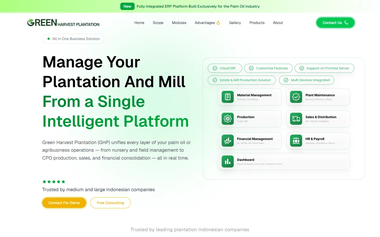 Semesta Agro homepage: headline about managing plantation and mill from one platform, next to a grid of ERP modules